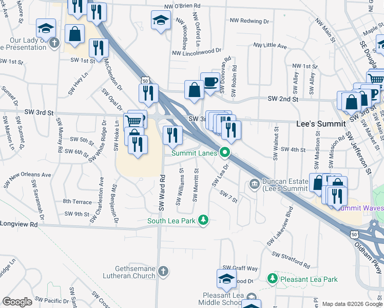 map of restaurants, bars, coffee shops, grocery stores, and more near 906 Southwest 6th Street in Lee's Summit