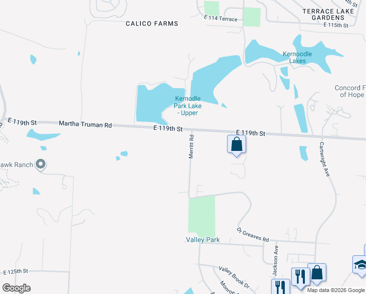 map of restaurants, bars, coffee shops, grocery stores, and more near 12010 Merritt Road in Grandview