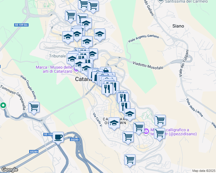 map of restaurants, bars, coffee shops, grocery stores, and more near 45 Corso G. Mazzini in Catanzaro