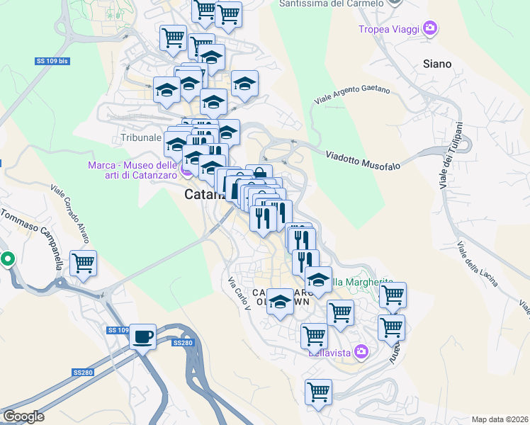 map of restaurants, bars, coffee shops, grocery stores, and more near 45 Corso G. Mazzini in Catanzaro