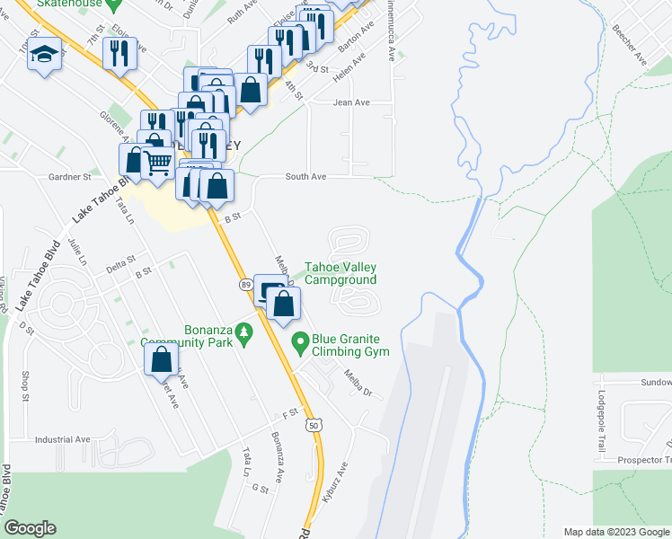 map of restaurants, bars, coffee shops, grocery stores, and more near 1175 Melba Drive in South Lake Tahoe