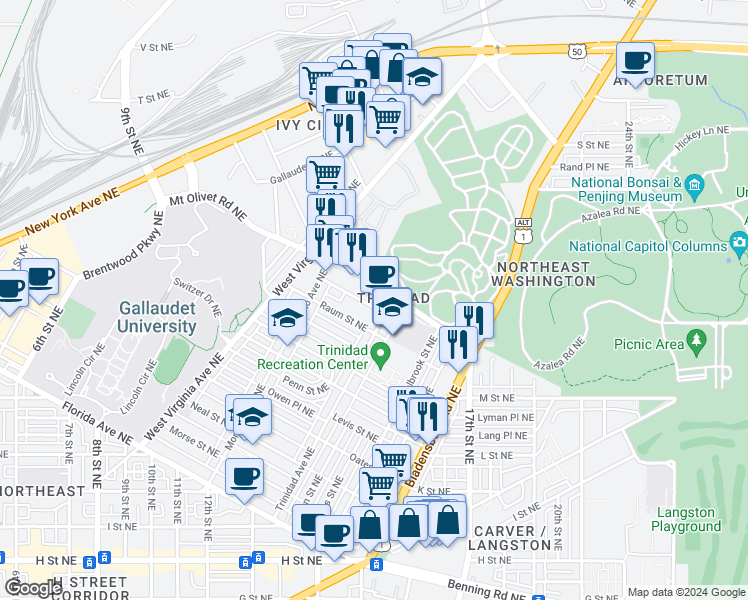 map of restaurants, bars, coffee shops, grocery stores, and more near 101 Independence Avenue Southeast in Washington