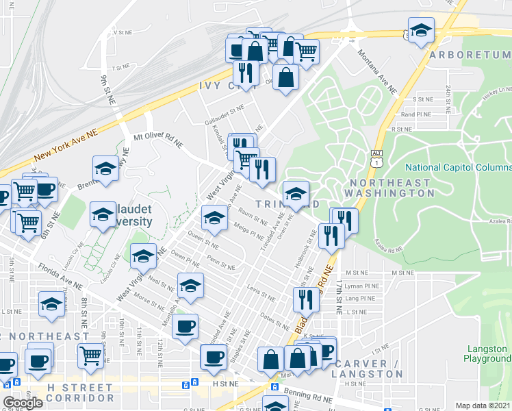 map of restaurants, bars, coffee shops, grocery stores, and more near 101 Independence Avenue Southeast in Washington
