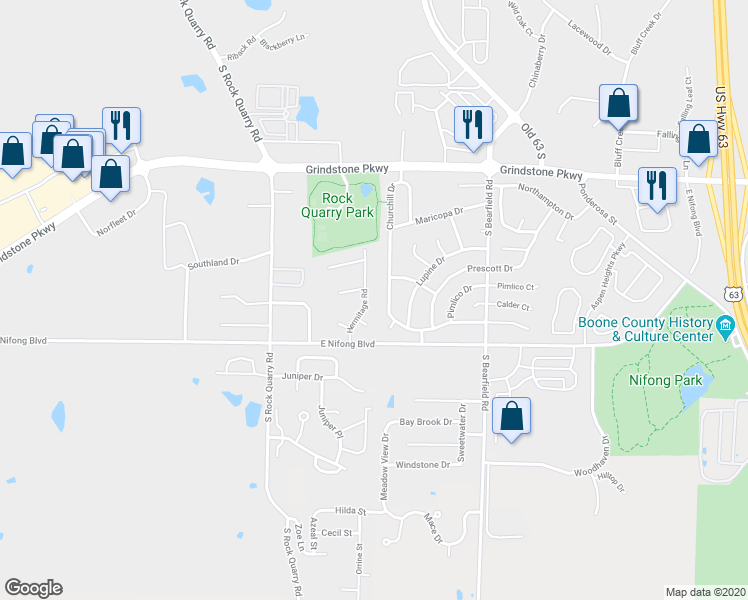 map of restaurants, bars, coffee shops, grocery stores, and more near 3716 Churchill Drive in Columbia