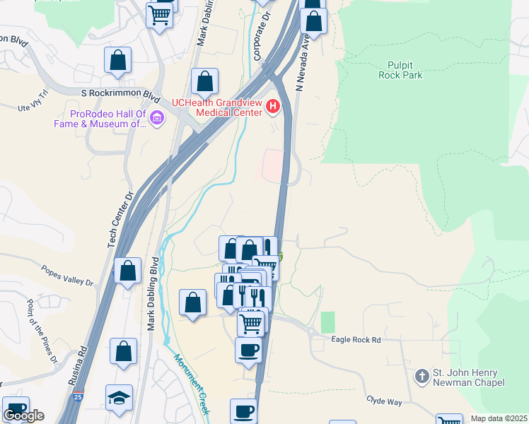 map of restaurants, bars, coffee shops, grocery stores, and more near 5414 North Nevada Avenue in Colorado Springs