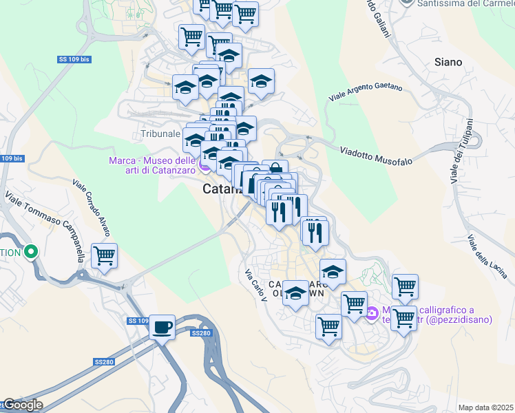 map of restaurants, bars, coffee shops, grocery stores, and more near 1-15 Discesa Case Arse in Catanzaro