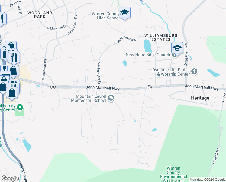 map of restaurants, bars, coffee shops, grocery stores, and more near 8 Biggs Drive in Front Royal