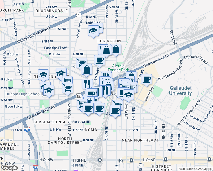 map of restaurants, bars, coffee shops, grocery stores, and more near 100 Florida Avenue Northeast in Washington