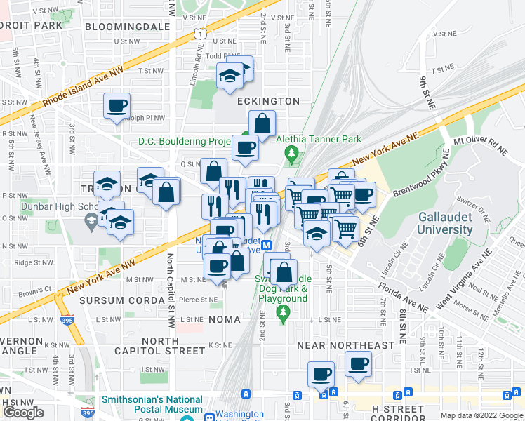 map of restaurants, bars, coffee shops, grocery stores, and more near 101 Independence Avenue Southeast in Washington