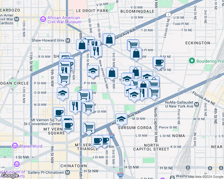 map of restaurants, bars, coffee shops, grocery stores, and more near 1408 3rd Street Northwest in Washington