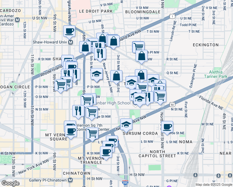 map of restaurants, bars, coffee shops, grocery stores, and more near 1406 3rd Street Northwest in Washington
