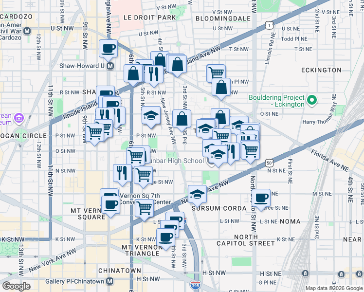 map of restaurants, bars, coffee shops, grocery stores, and more near 1408 3rd Street Northwest in Washington