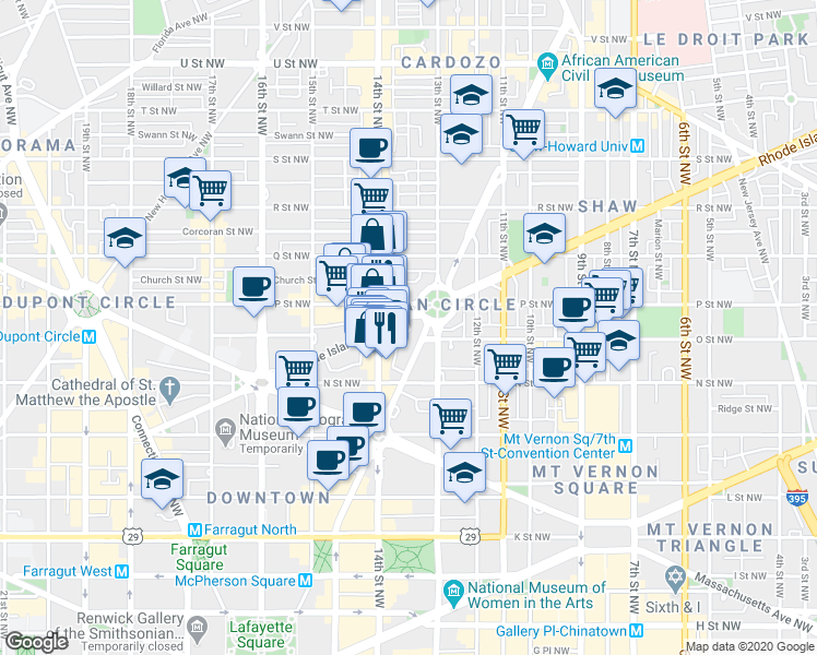 map of restaurants, bars, coffee shops, grocery stores, and more near 1306 Rhode Island Avenue Northwest in Washington