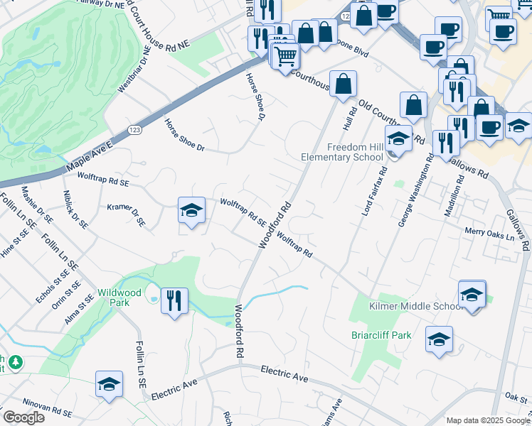 map of restaurants, bars, coffee shops, grocery stores, and more near 8509 West Oak Place in Vienna