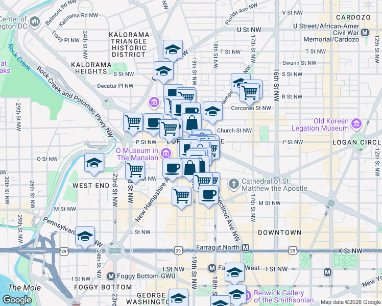 map of restaurants, bars, coffee shops, grocery stores, and more near 21 Dupont Circle Northwest in Washington