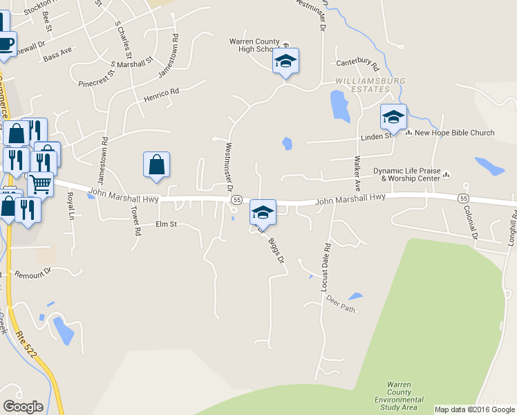 map of restaurants, bars, coffee shops, grocery stores, and more near 4 Biggs Drive in Front Royal