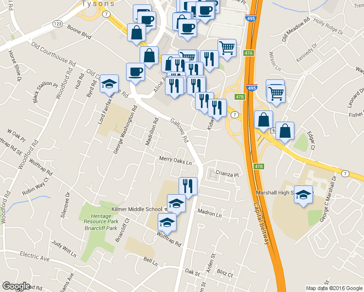 map of restaurants, bars, coffee shops, grocery stores, and more near 2032 Pieris Court in Vienna