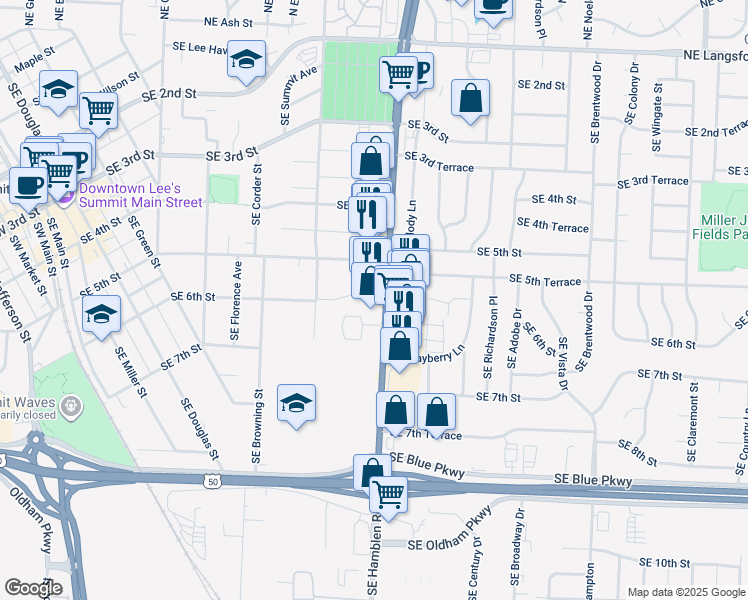 map of restaurants, bars, coffee shops, grocery stores, and more near 536 Route 291 in Lee's Summit
