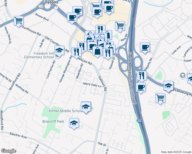 map of restaurants, bars, coffee shops, grocery stores, and more near 2032 Pieris Court in Vienna
