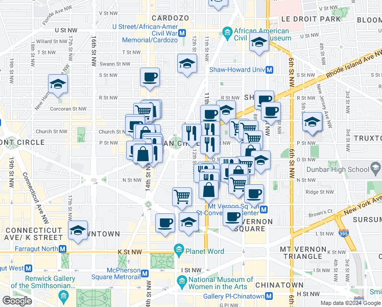 map of restaurants, bars, coffee shops, grocery stores, and more near 1410 12th Street Northwest in Washington