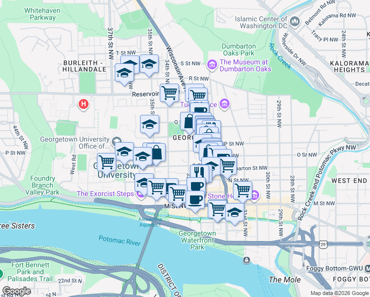 map of restaurants, bars, coffee shops, grocery stores, and more near 3309 P Street Northwest in Washington