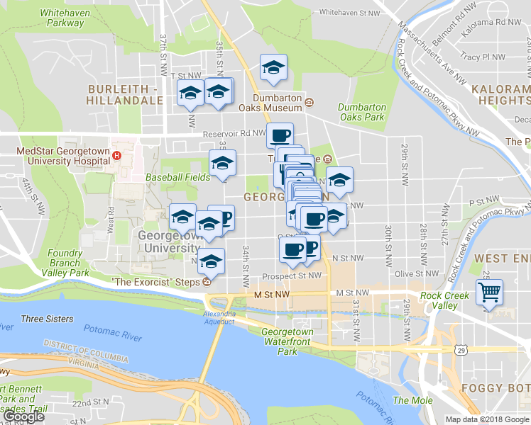 map of restaurants, bars, coffee shops, grocery stores, and more near 3317 P Street Northwest in Washington