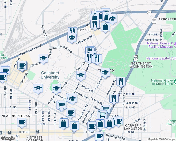 map of restaurants, bars, coffee shops, grocery stores, and more near 1208 Raum Street Northeast in Washington