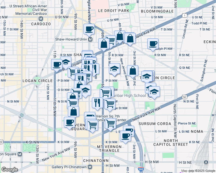 map of restaurants, bars, coffee shops, grocery stores, and more near 1412 5th Street Northwest in Washington
