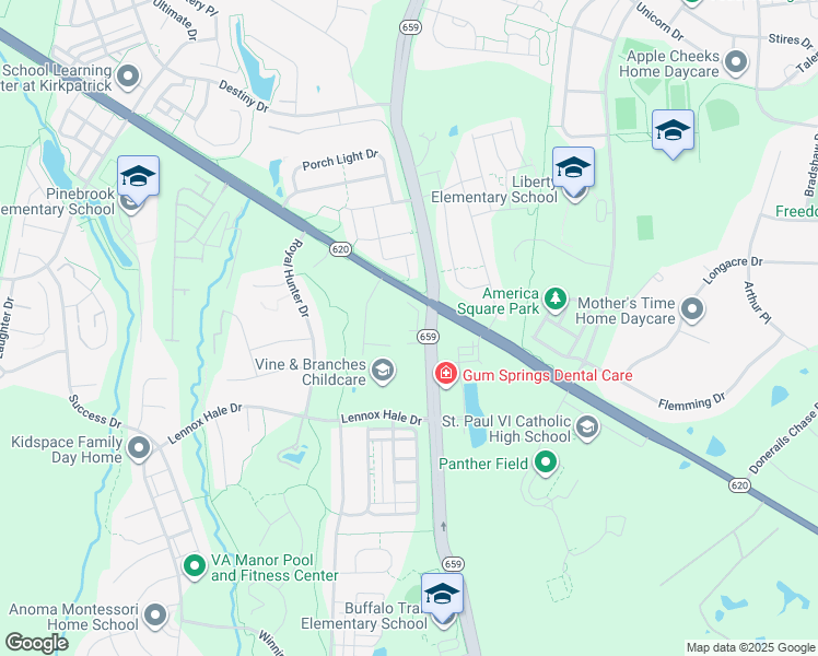 map of restaurants, bars, coffee shops, grocery stores, and more near 25627 Gum Spring Road in Chantilly
