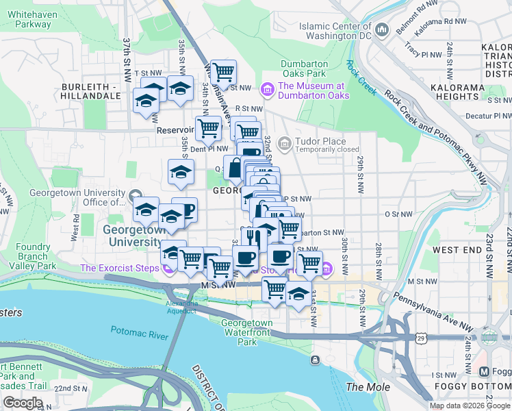 map of restaurants, bars, coffee shops, grocery stores, and more near 3245 P Street Northwest in Washington