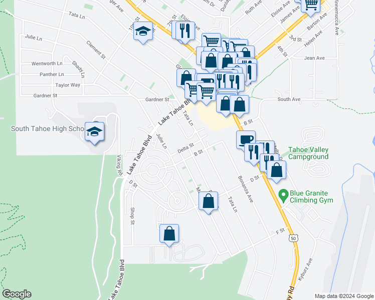 map of restaurants, bars, coffee shops, grocery stores, and more near 1080 Dedi Avenue in South Lake Tahoe