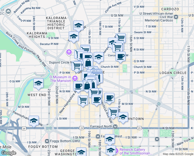 map of restaurants, bars, coffee shops, grocery stores, and more near 1800 Massachusetts Avenue Northwest in Washington