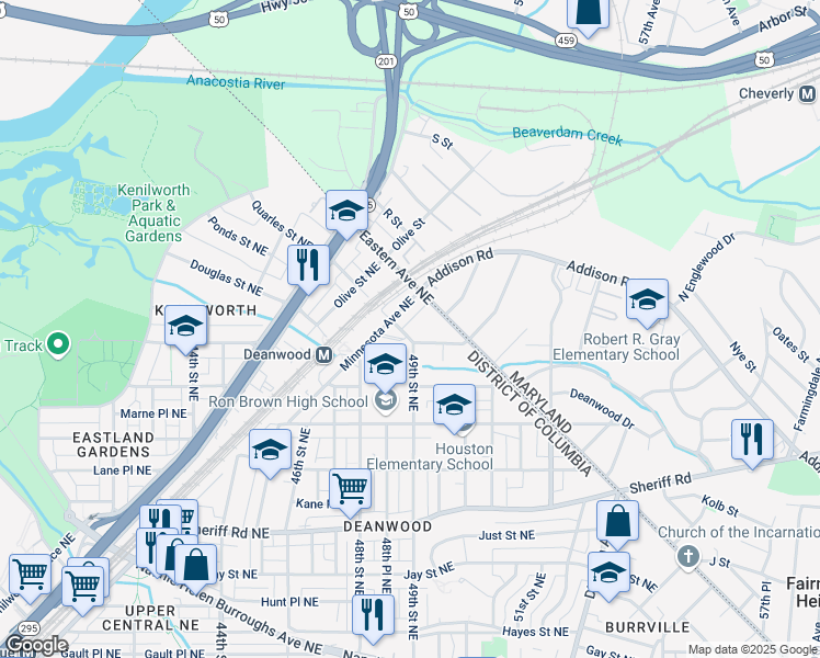 map of restaurants, bars, coffee shops, grocery stores, and more near 4810 Quarles Street Northeast in Washington