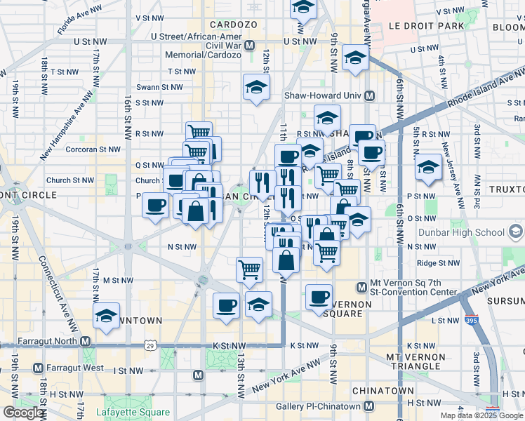 map of restaurants, bars, coffee shops, grocery stores, and more near 1410 12th Street Northwest in Washington