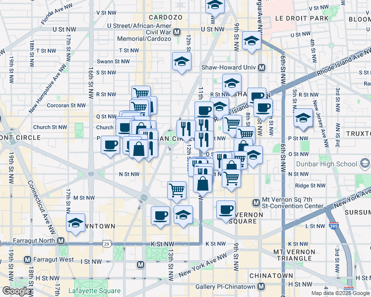map of restaurants, bars, coffee shops, grocery stores, and more near 1410 12th Street Northwest in Washington