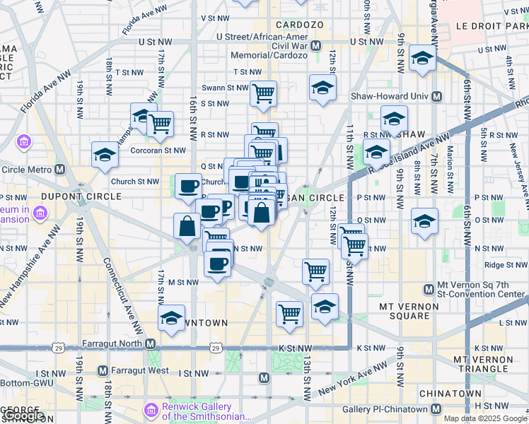 map of restaurants, bars, coffee shops, grocery stores, and more near 1400 14th Street Northwest in Washington