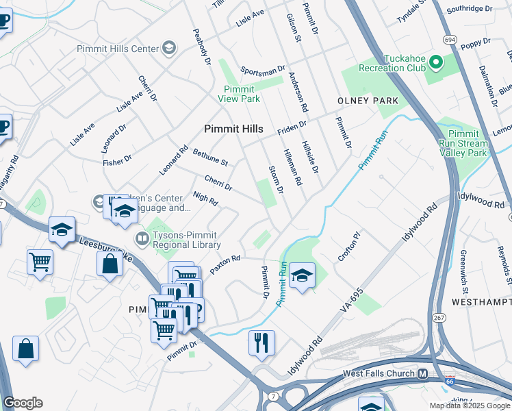map of restaurants, bars, coffee shops, grocery stores, and more near 2050 Cherri Drive in Falls Church