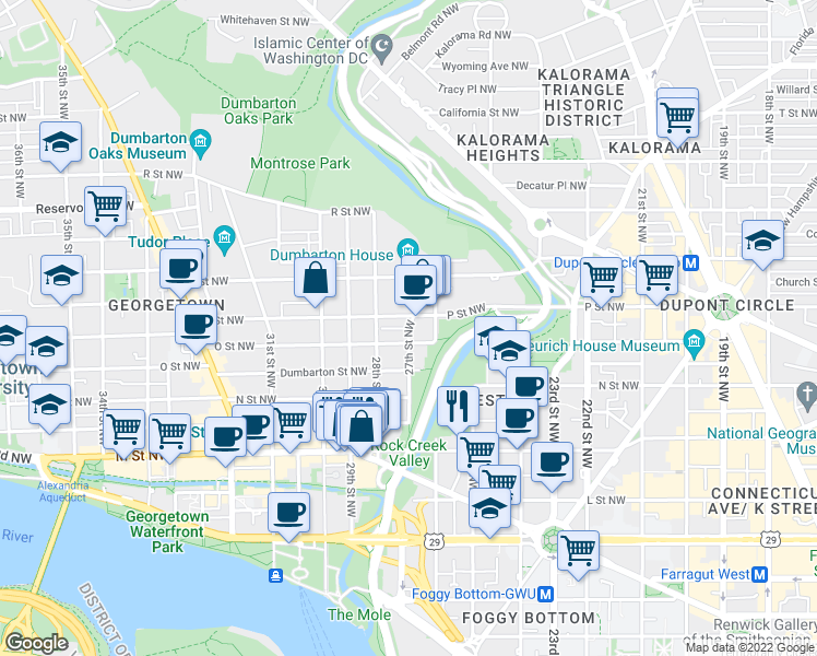 map of restaurants, bars, coffee shops, grocery stores, and more near 27th St NW & Poplar St NW in Washington