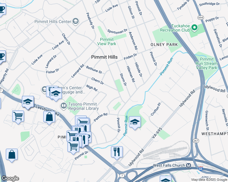 map of restaurants, bars, coffee shops, grocery stores, and more near 2050 Cherri Drive in Falls Church