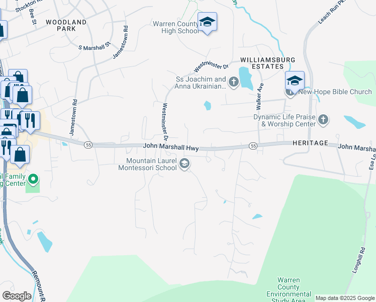 map of restaurants, bars, coffee shops, grocery stores, and more near 4 Biggs Drive in Front Royal