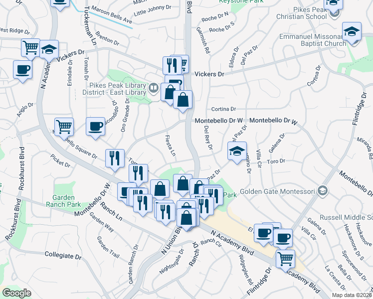 map of restaurants, bars, coffee shops, grocery stores, and more near 2790 El Capitan Drive in Colorado Springs
