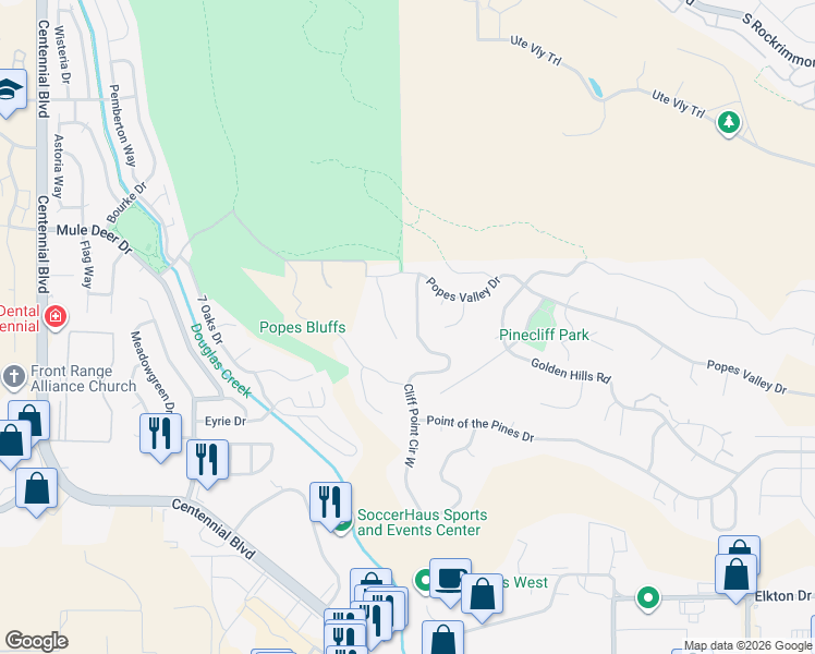 map of restaurants, bars, coffee shops, grocery stores, and more near 5336 Cliff Point Circle West in Colorado Springs