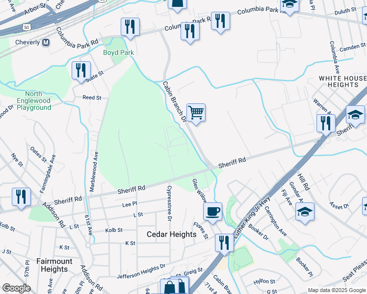 map of restaurants, bars, coffee shops, grocery stores, and more near 5800 Sheriff Road in Capitol Heights