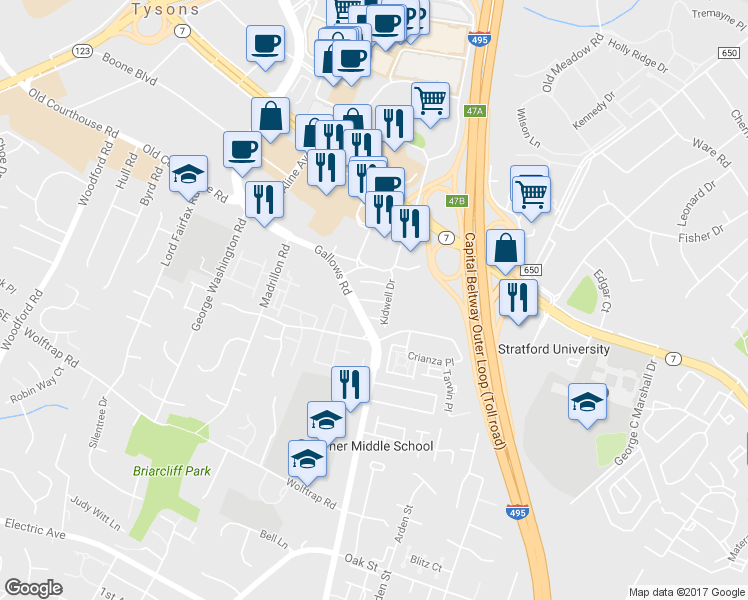 map of restaurants, bars, coffee shops, grocery stores, and more near 8031 Kidwell Hill Court in Vienna