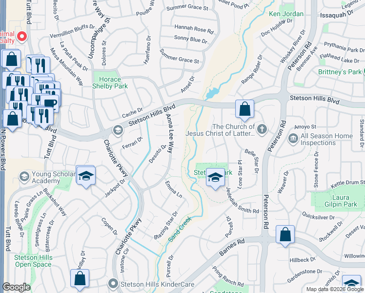 map of restaurants, bars, coffee shops, grocery stores, and more near 6130 Juno Court in Colorado Springs