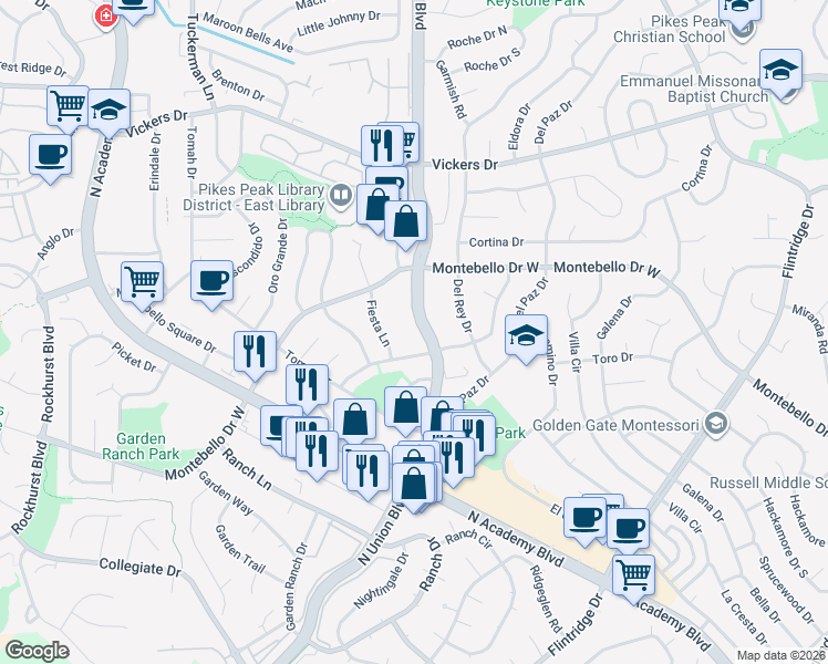 map of restaurants, bars, coffee shops, grocery stores, and more near 2790 El Capitan Drive in Colorado Springs