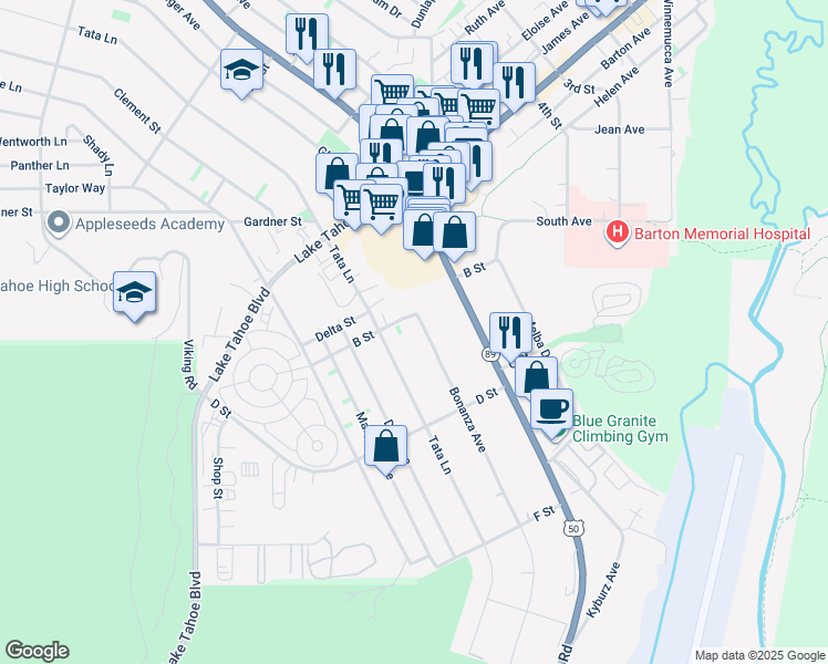 map of restaurants, bars, coffee shops, grocery stores, and more near 1116 Bonanza Avenue in South Lake Tahoe