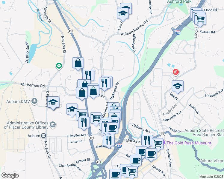 map of restaurants, bars, coffee shops, grocery stores, and more near 638 Mikkelsen Drive in Auburn