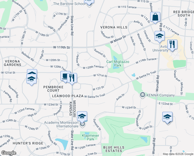 map of restaurants, bars, coffee shops, grocery stores, and more near 12111 Madison Court in Kansas City
