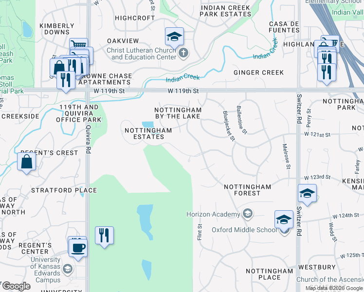 map of restaurants, bars, coffee shops, grocery stores, and more near 11123 West 121st Terrace in Overland Park
